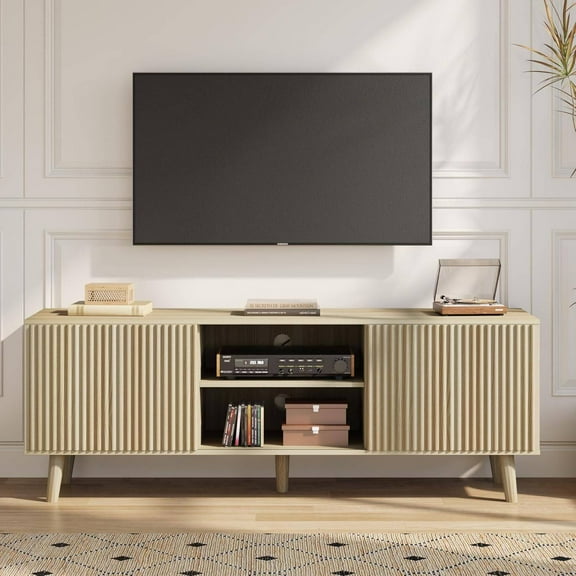 Erinnyees 63" Fluted TV Stand, Farmhouse Style Entertainment Center, Modern Media Console with Sliding Doors & Hidden Storage, for 70" TV, Oak