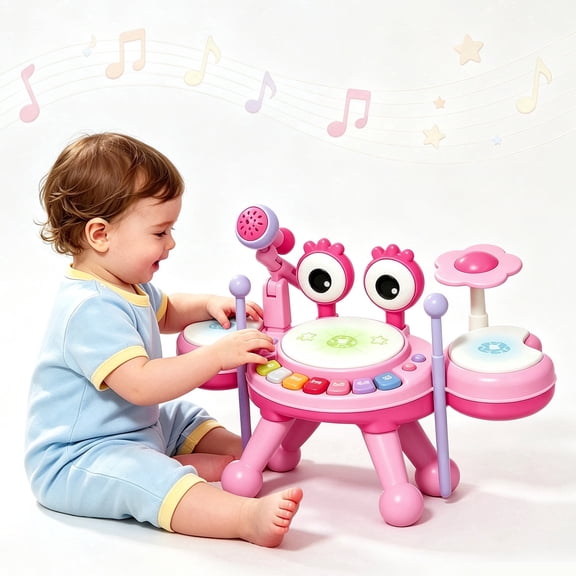 HOLYFUN Toddler Eelectric Drum Set, Baby Drum with Microphone, Cymbal, Detachable Legs, Montessori Learning Toys, Musical Toys for Baby Toddler Girls