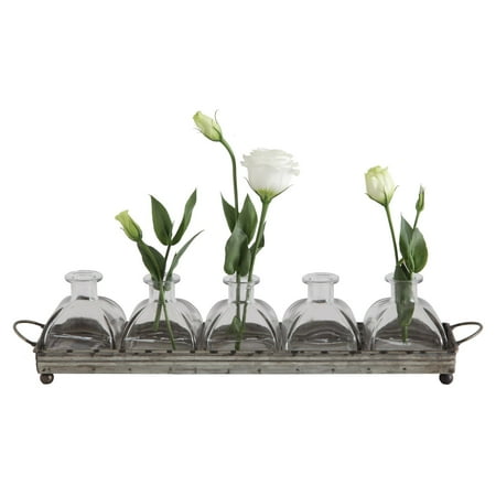UPC 807472894249 product image for 3R Studios Decorative Iron Tray with Handles and 5 Glass Vases | upcitemdb.com