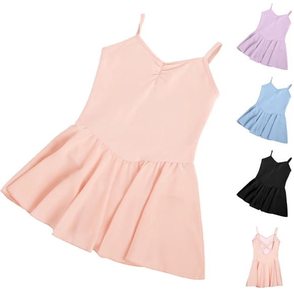 NJDVHB Économies d'Été Vacances! Robe de Plage pour Fille, Robe de Fête pour Filles, Camisole Plissée Unie pour Filles, Robe de Pratique de Danse Sans Manches Col en V, Noir, 150