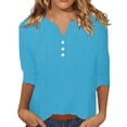 thumbnail image 2 of Oversized Tshirts for Women, 3/4 Sleeve Cotton Linen Solid Color Tunic Top, Blue XXL, 2 of 9