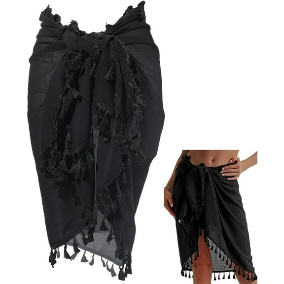 Black Mesh Sarong Cover Up Tassel Pareo Long Beach Swimsuit Scarf Coverup Summer Bikini Shawl Sexy Bathing Suit Wrap Dresses Bottom Coverups Rectangle Shawls for Women Skirt Accessories 1pc