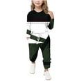 thumbnail image 1 of WMTBSRSW Girls 2025 Fashion 2 Piece Outfit Patchwork Sweatsuit Casual V Neck Pullover Tops Drawstring Sweatpants Two Piece Set 5-12 Years, 1 of 5