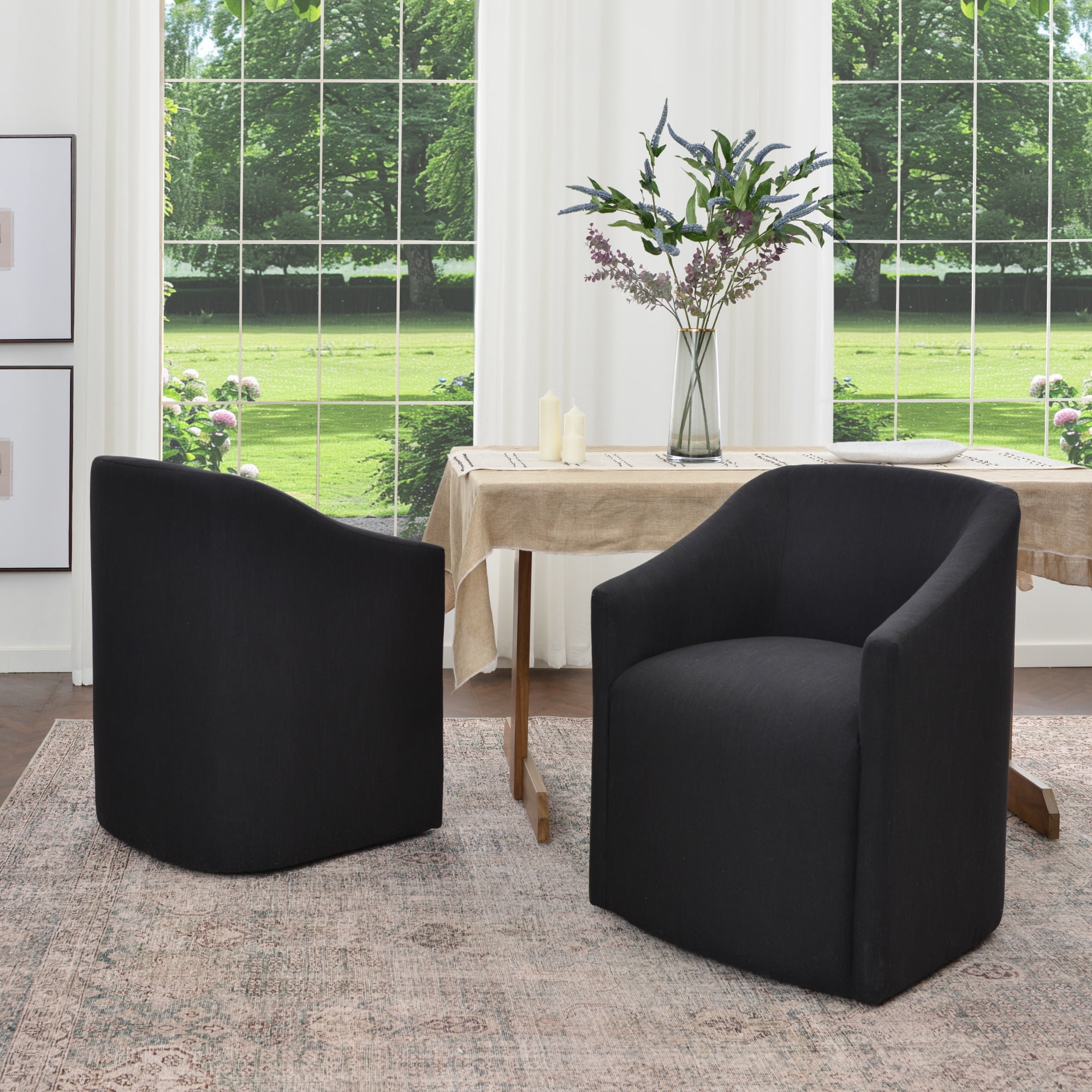 KINWELL 25" Wide Upholstered Dining Chairs with Casters Set of 2, No Assembly Modern Performance Fabric Barrel Back Rolling Dining Armchair for Kitchen Dining Room (Black)