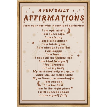 IDEA4WALL Framed Canvas Print Daily Affirmations Positive Inspirational Quotes for Self Love and Confidence Illustrations Wall Art Relax/Calm for Living Room, Bedroom, Office - 24"x36" NATURAL