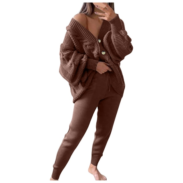 Besolor Womens 2 Piece Outfits Knit Sweater Sets Oversized Button down Cardigan and Slim Long Pants Matching Lounge Set