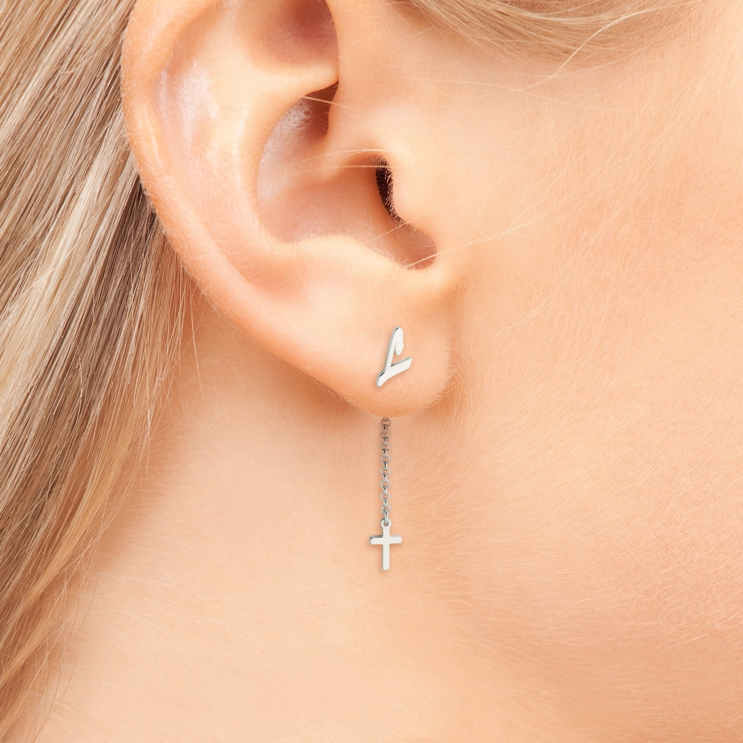 Personalized Planet Women's Script Initial Earring with Cross Dangle Button Drop Earrings