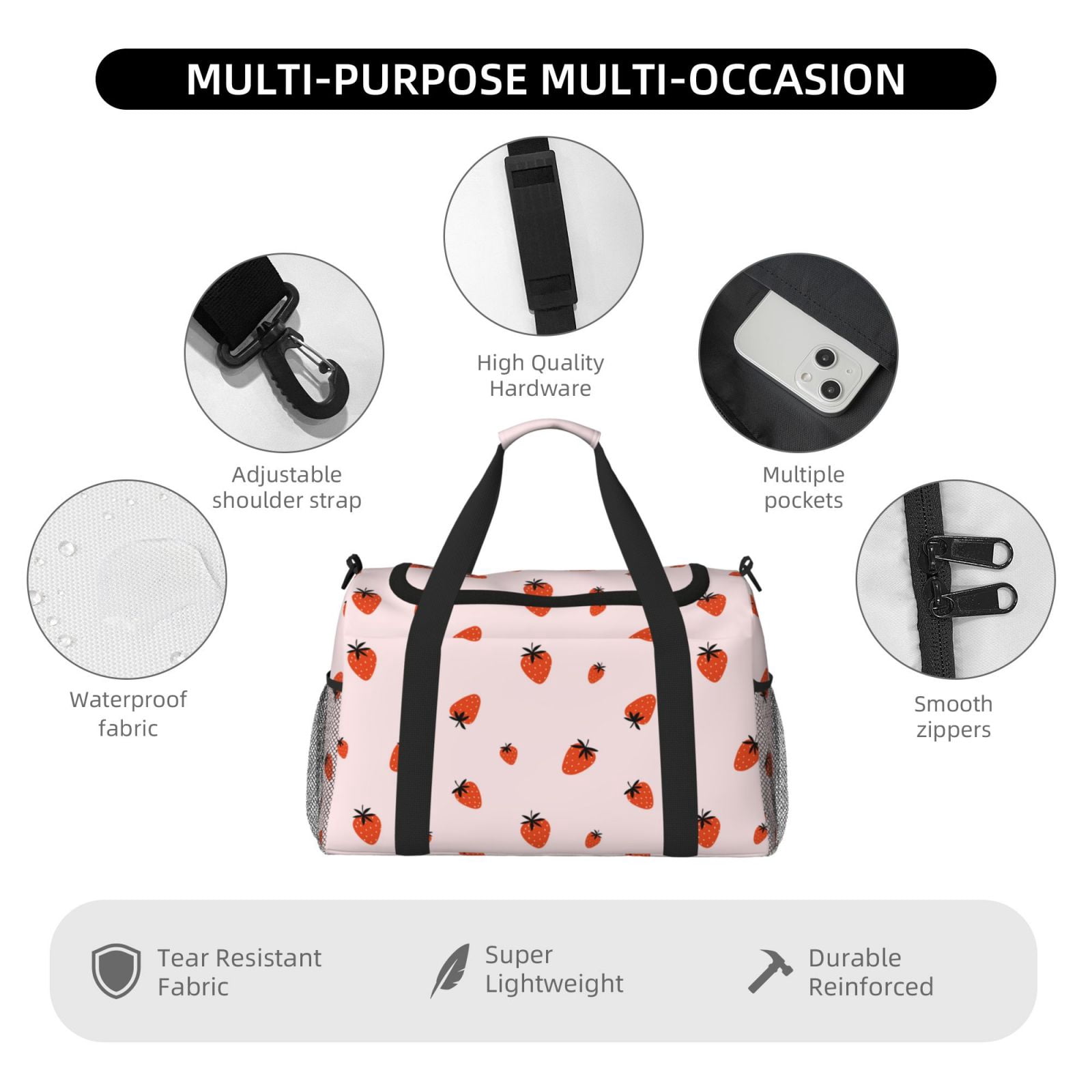 Fuzoiu Strawberry Print Travel Duffle Bag,Carry On Tote Bags,Duffel Bag,Sport Gym Bag, Hospital Bag for Labor and Delivery, Overnight Bag,Luggage Bag