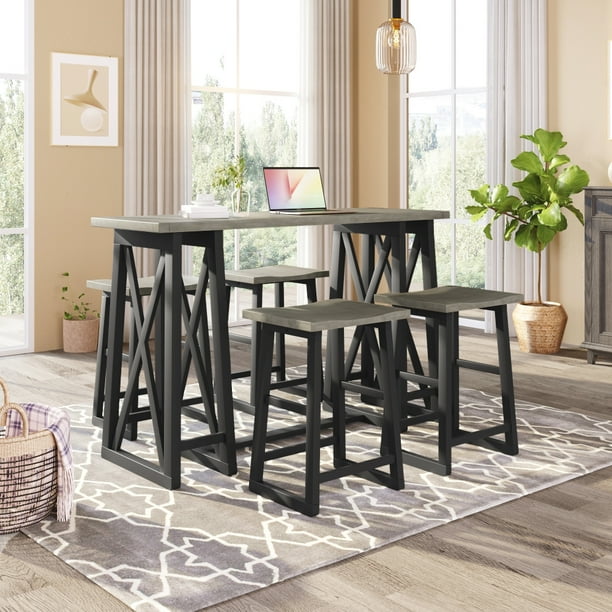 5PCS Rustic Counter Height Dining Set,Solid Wood Kitchen Dining Table
