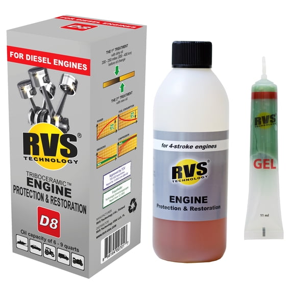 RVS Technology D8 Engine Treatment. For Diesel Engines with an Oil Capacity up to 9 quarts. Restore and Protect Your Engine, Save Fuel, Increase Power. Safe for All Engines.