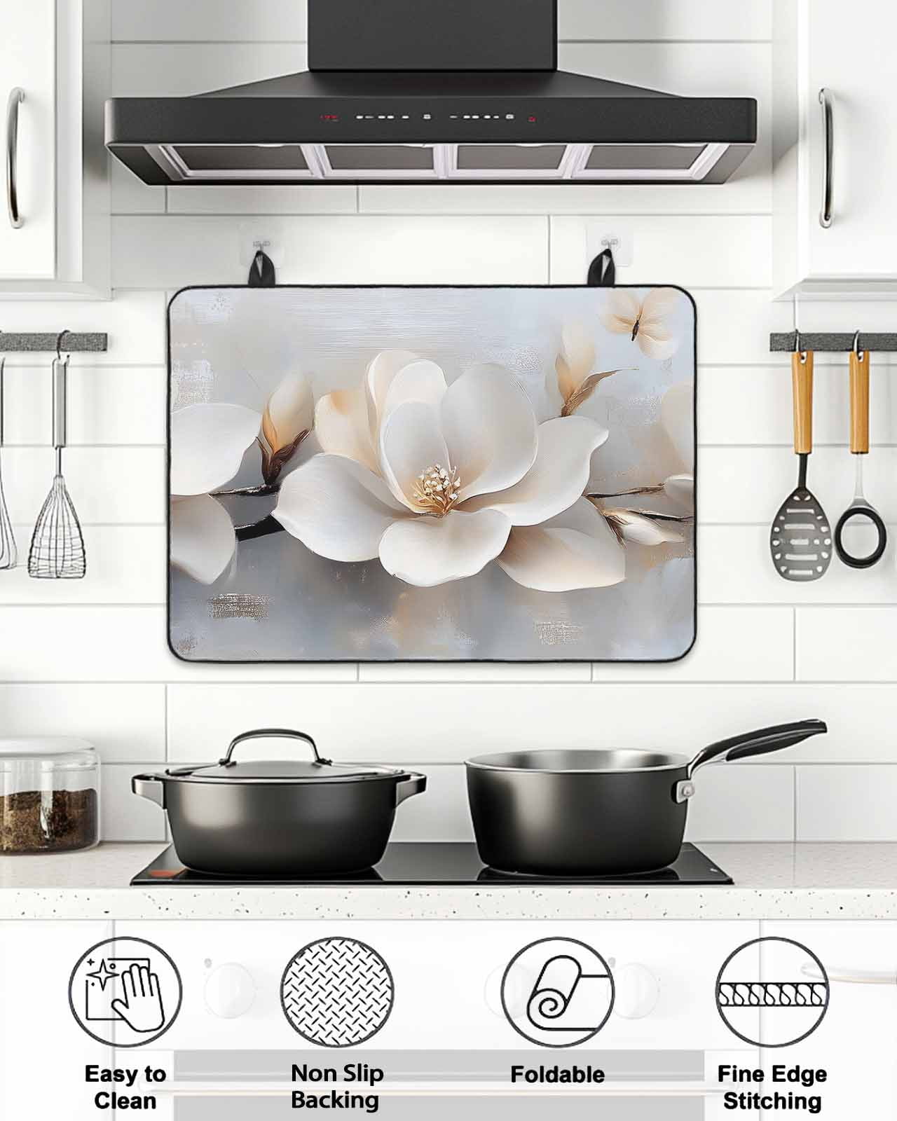 Magnolia Flower Stove Top Covers for Electric Stove, 28'x20'' Retro Flowers Modern Abstract Glass Ceramic Stove Cover Foldable Rubber Mat Heat Resistant Cooktop Protector for Kitchen