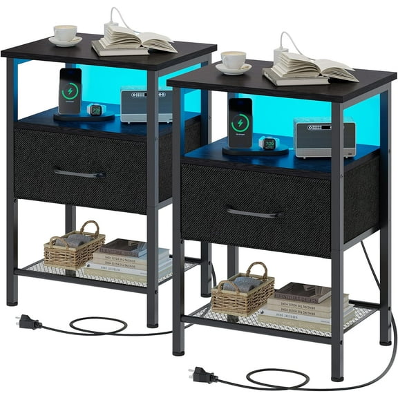 Nightstand set, side table with charging station, LED nightstand with fabric drawers for bedroom, 3-tier side table with open shelves