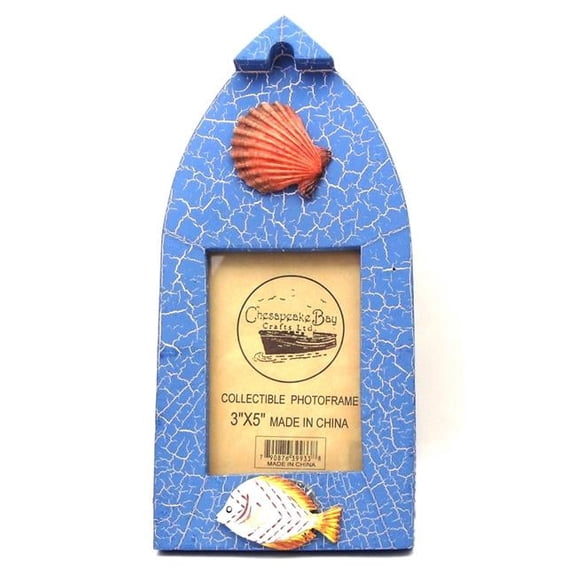 Novelties & Gifts 12539933B-B Chesapeake Bay Crafts Ltd. Wooden Boat Shaped 3 x 5 in. Blue Picture Frame with Fish & Shell Embellishments