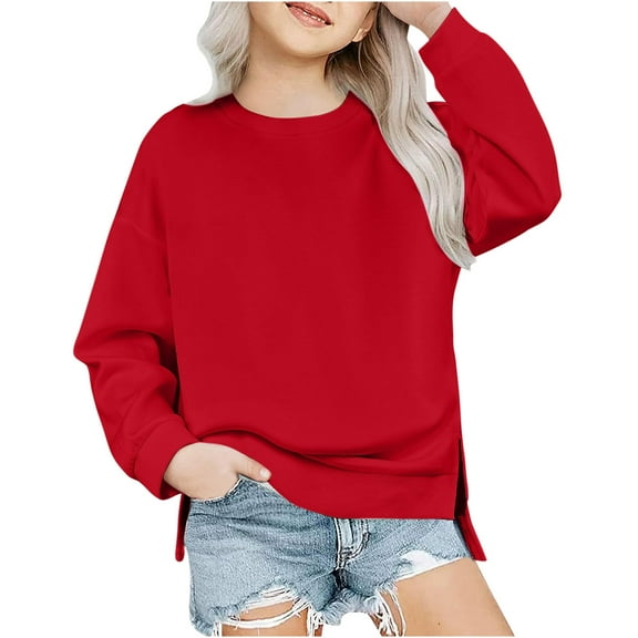 FAIWAD Girls Long Sleeve Sweatshirt Casual Crew Neck Drop Shoulder Split Pullover Kids Loose Solid Color Tops