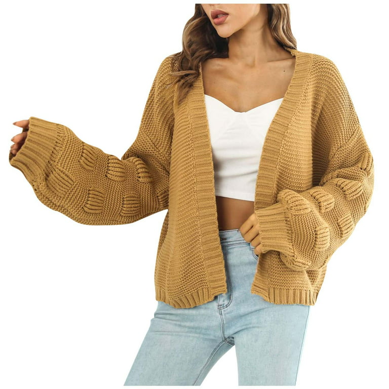 ZQGJB Long Sleeve Open Front Cardigans for Women Casual Solid Color Cable  Knitted Pullover Sweater Tops Loose Lightweight Thin Jacket Outwear Yellow M