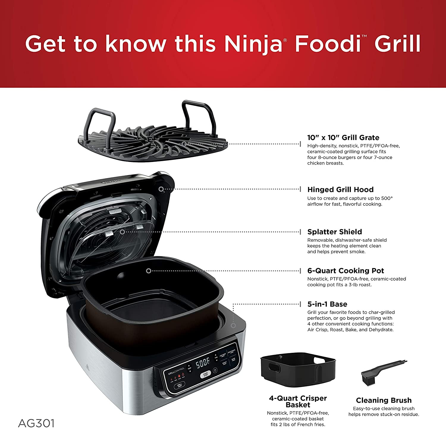 Bake & Dehydrate AG302 Air Fryer NEW Ninja Foodi 5-in-1 Indoor Grill Roast