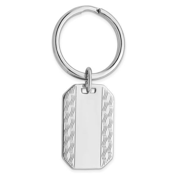 Solid Polished Engravable Silver Plated and Rhodium Patterned Edge Key Ring Jewelry for Men