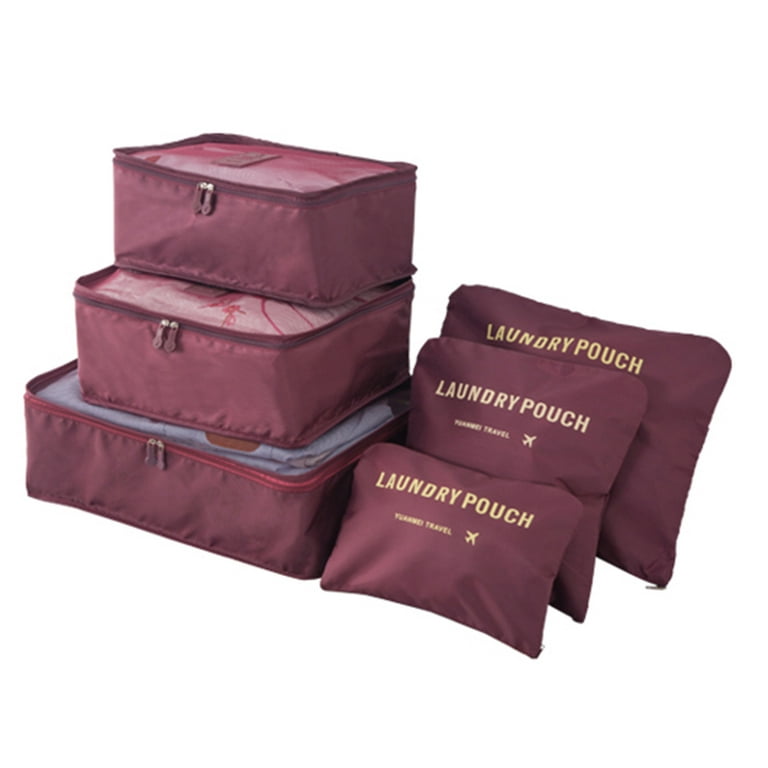 6pcs Travel Packing Bag Space Saver Bags Cubes System Durable Travel Luggage  Packing Organizers Clothes Storage Bag with Laundry Bag (Wine Red) 