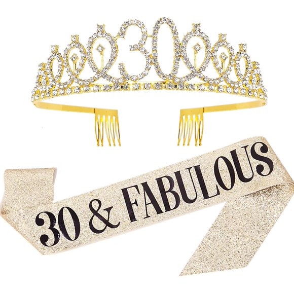 Cangfort 30th Birthday Sash & Crown Set, Gold Luxe, Perfect for Women's Birthday Parties
