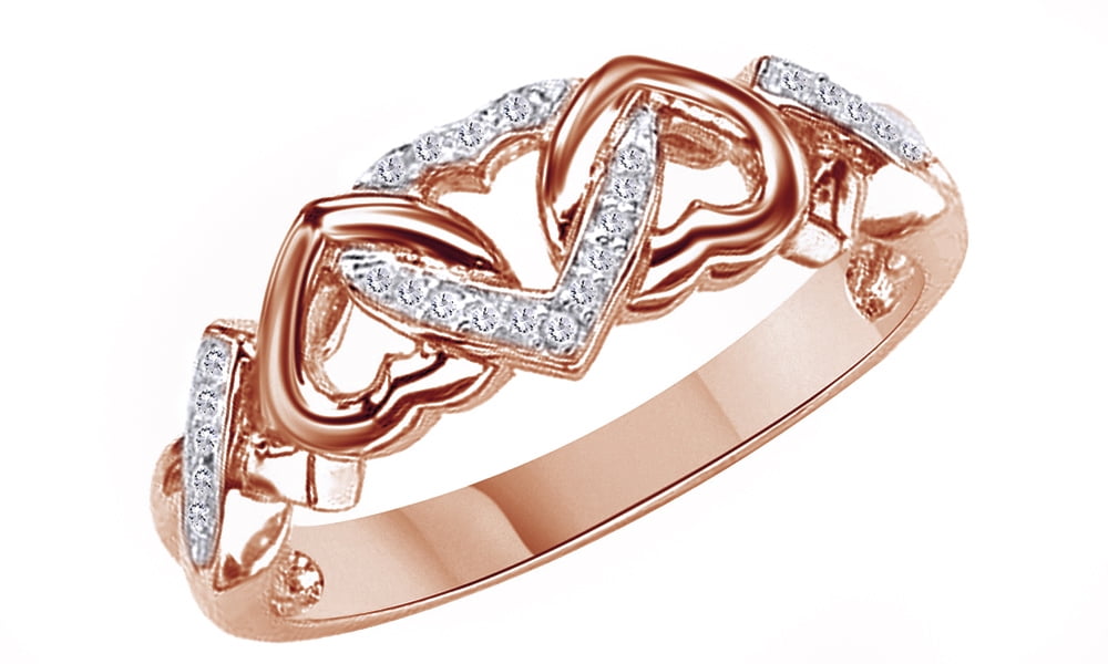 Jewel Zone US - White Natural Diamond Accent Triple Heart Promise Ring In 14k Rose Gold Over Sterling Silver (0.03 Cttw)