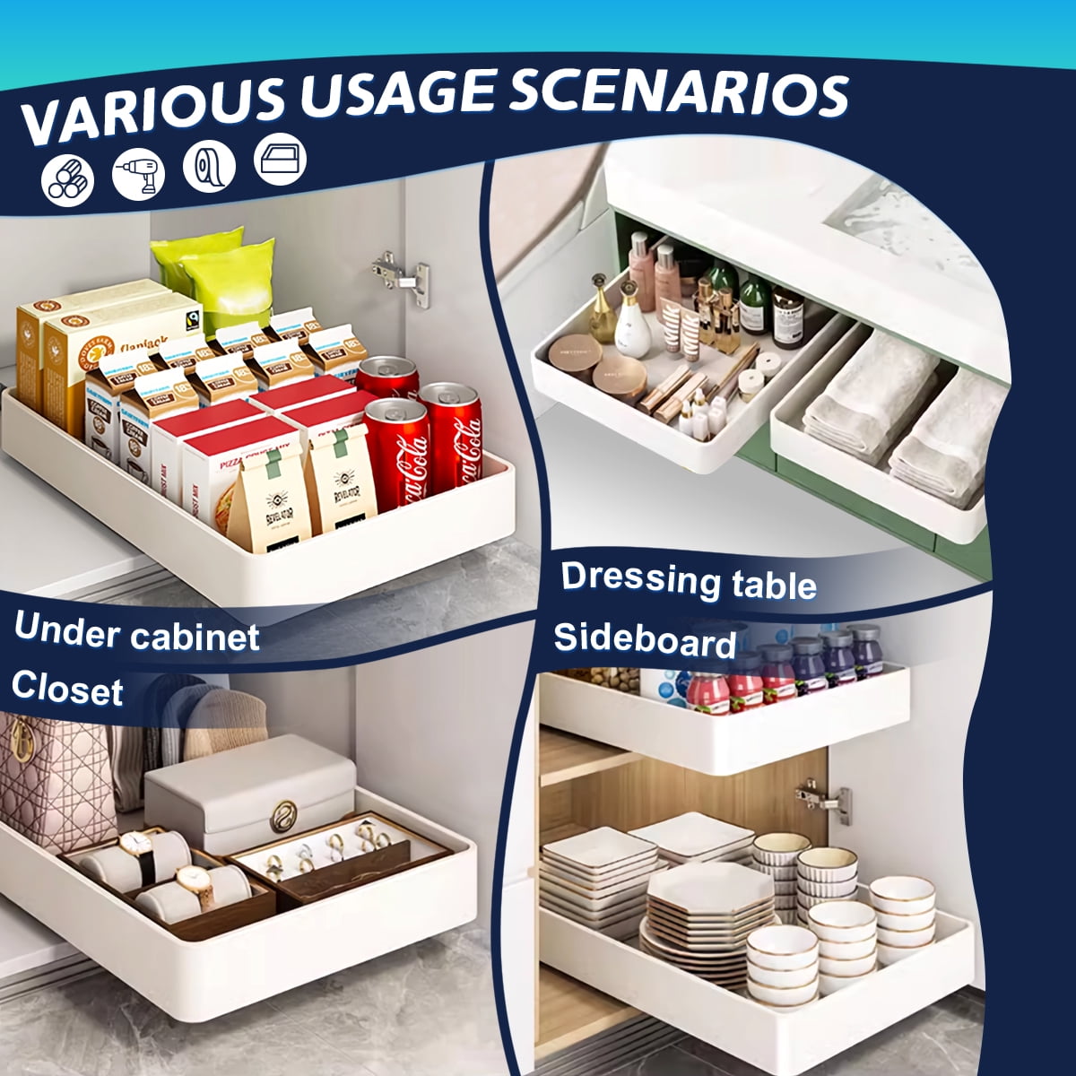 OKKEAI 1-Shelf Expandable Kitchen Pantry Cabinet Organizer, Bathroom Cabinet Organizer, 4 Count
