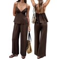 thumbnail image 3 of Women's Wide Leg Sets Deep Neck Camisole Tank Tops Matching 2 Piece Set Pants Outfit Top Dark Brown S, 3 of 7