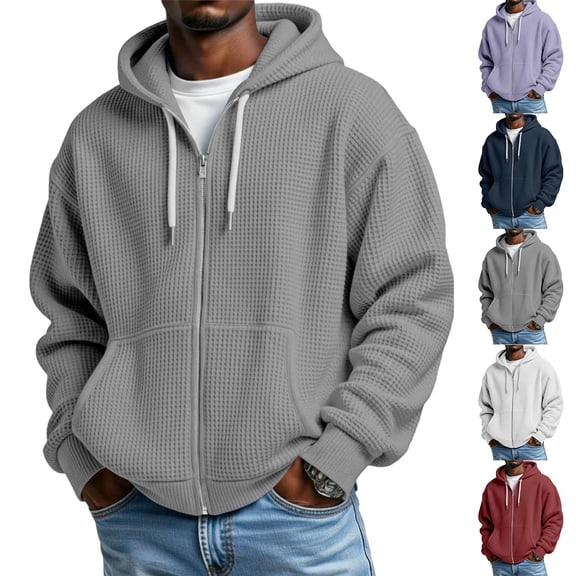 Waffle Knit Hoodies for Men Long Sleeve Full Zip Drawstring Hooded Sweatshirts with Pocket Lightweight Loose Fit Comfortable Athletic Jackets