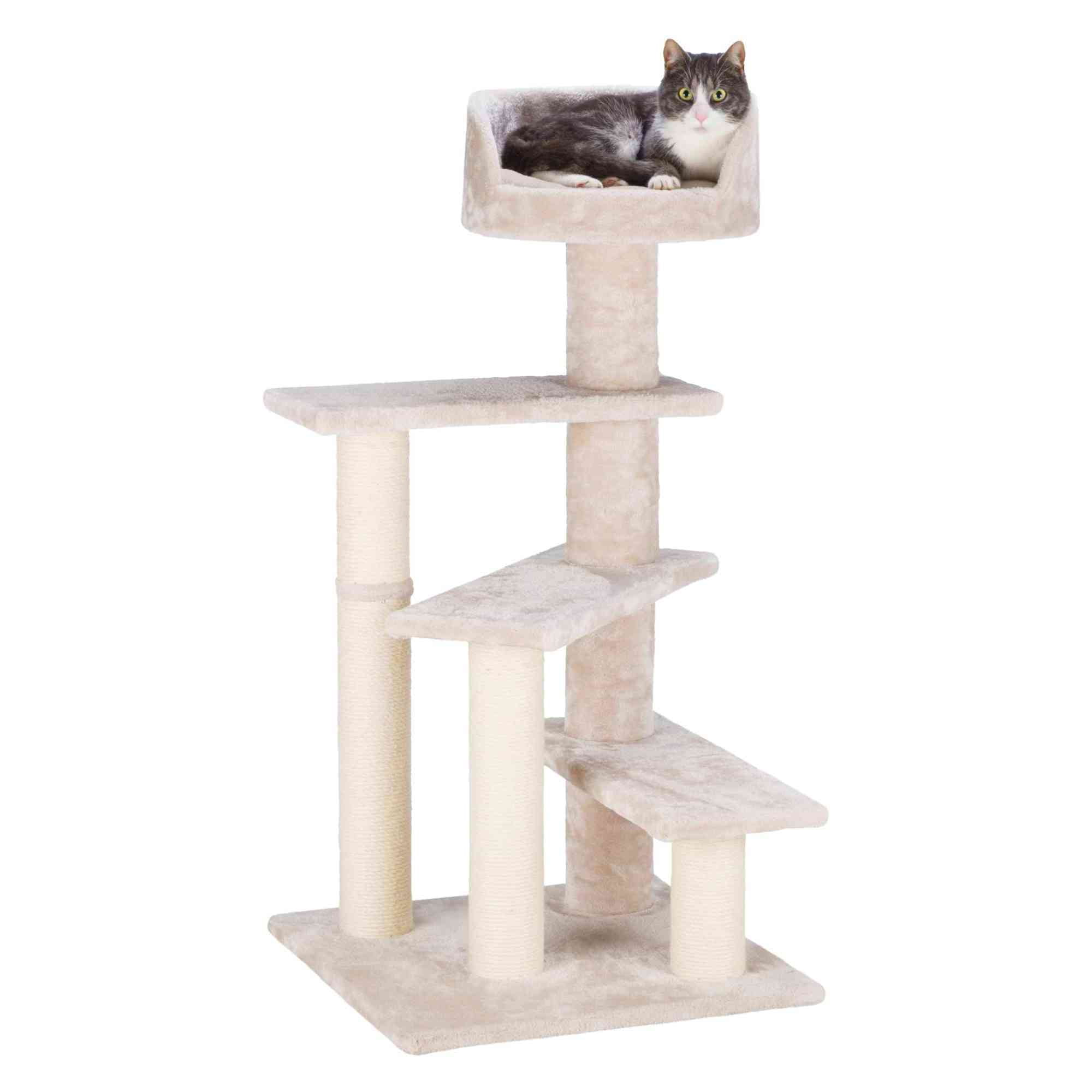 TRIXIE Tulia Senior Plush & Sisal 4-Level 40.2" Cat Tree, Scratching Posts & Bed, Greige
