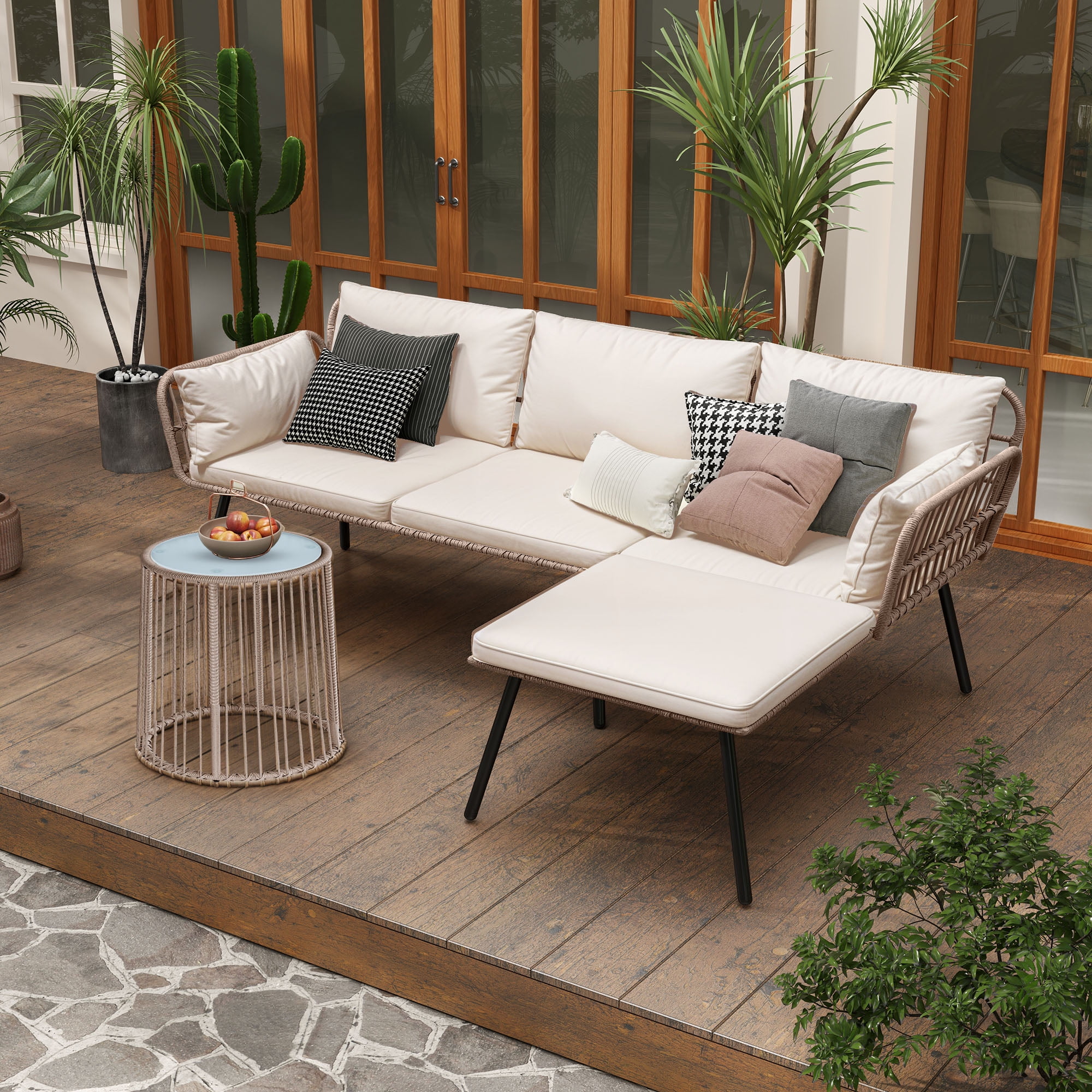 Craftian 3 Pieces Patio Furniture Set, Wicker Rattan Outdoor Conversation Set with Cushions and Side Table  - Beige
