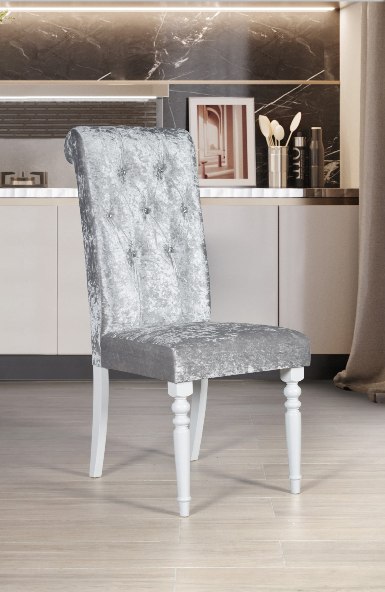 Home Design Reston Dining Chair (Set of 6), White/Shiny Silver Gray, Diamond-tufted back, Padded seat, Turned front legs, Tapered back legs, Luxurious design, Comfortable seating