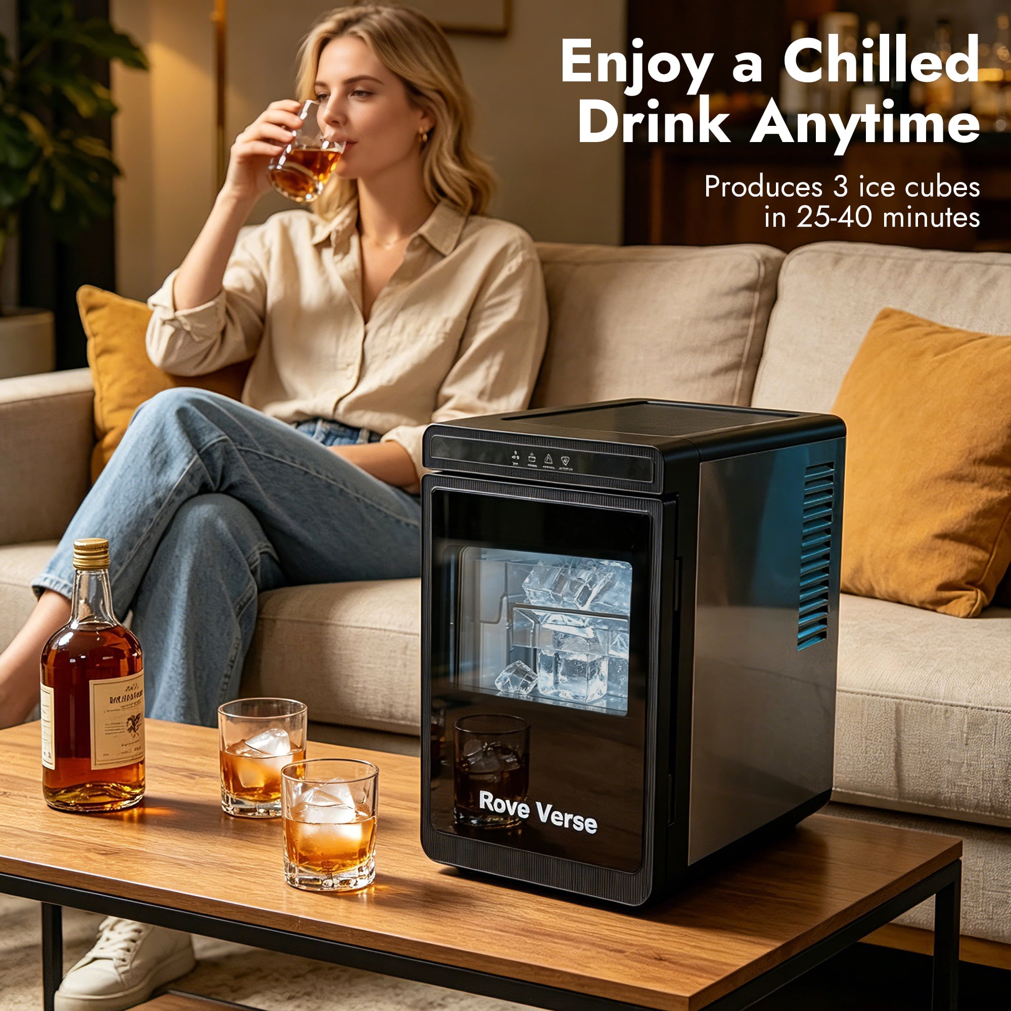 Rove Verse Square Ice Maker Machine, 3 Pcs 40mm Cube with Transparent Window for Whiskey