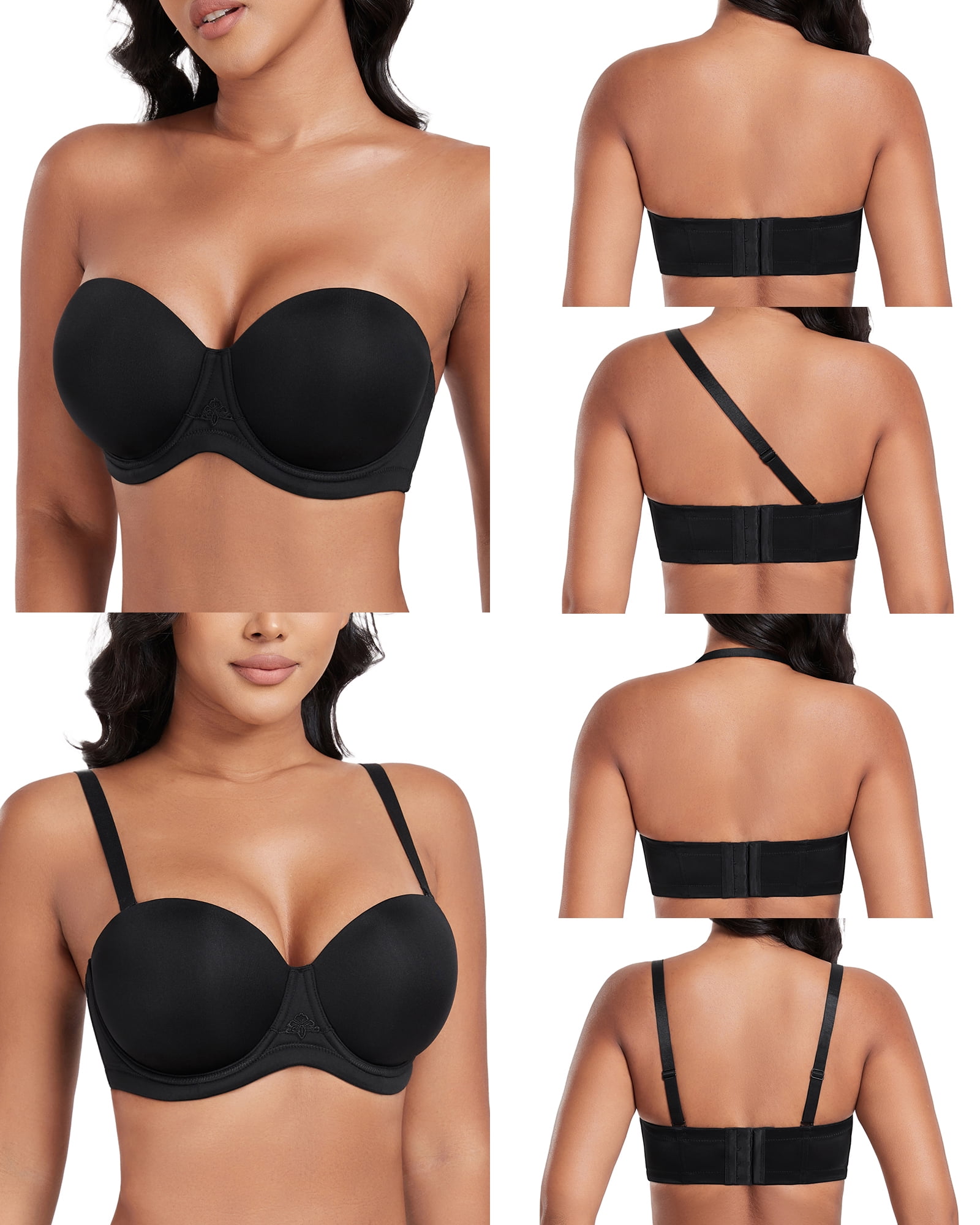 Exerin Women's Strapless Bras Full Coverage Underwire Multiway Convertible Plus Size Bra(36DDD,Black)