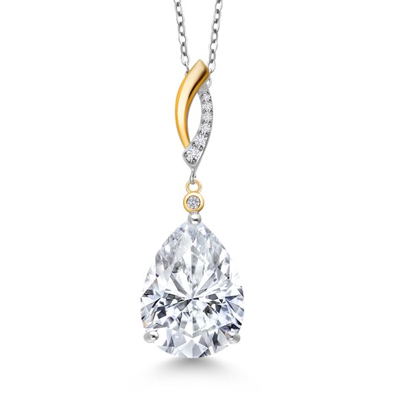 Gem Stone King 925 Silver and 10K Yellow Gold White Moissanite and White Lab Grown Diamond Pendant Necklace for Women | 9.22 Cttw | Pear Shape 16X12MM | With 18 inch Chain