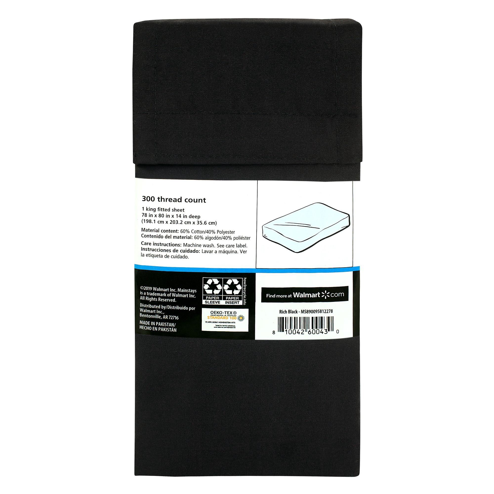 Mainstays Easy Care 300 Thread Count Fitted Bed Sheet, King, Rich Black