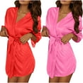 thumbnail image 2 of 2 Pack Women Short Satin Wrap Robes, Long Sleeve V Neck Belted Nightgown, Elegant Ladies Home Spa Sleep Loungewear One Size, 2 of 9