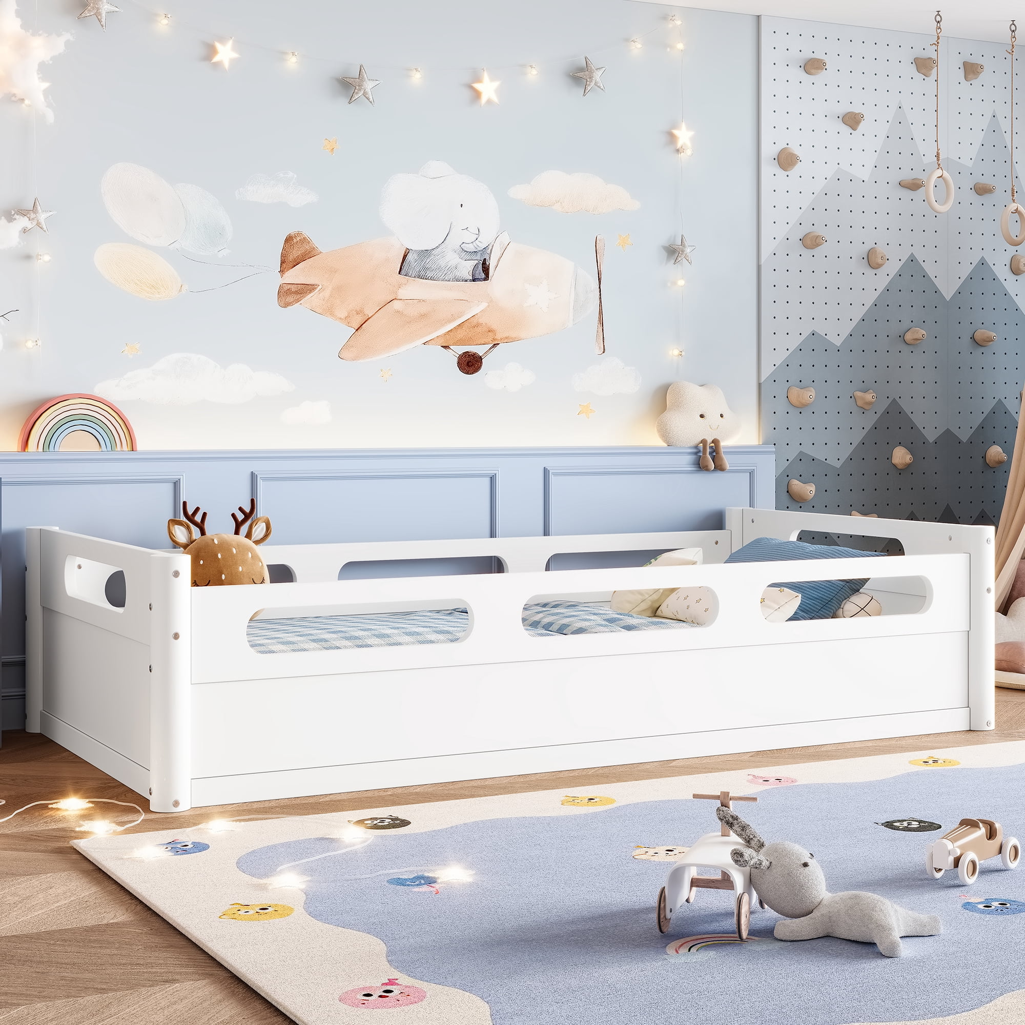 Leumius Twin Size Floor Bed with Full-length Guardrails,Low Profile Montessori Bed Frame,Easy Assembly, No Box Spring Needed,White