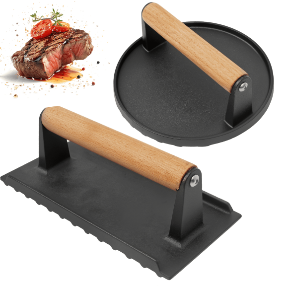 Qenwkxz 2PCS Burger Press Set Solid Easy to Use Round Smash Burger Press Set Versatile Large Rectangle Cast Iron Grill Kit for Beef Pork Black
