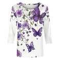 thumbnail image 4 of CYMMPU Summer Trendy Shirts 3/4 Sleeve Blouses for Women Dressy Casual Flower Pattern Round Neck Loose Fit Spring Tunic Tops Lightweight Basic Tees Purple M, 4 of 5