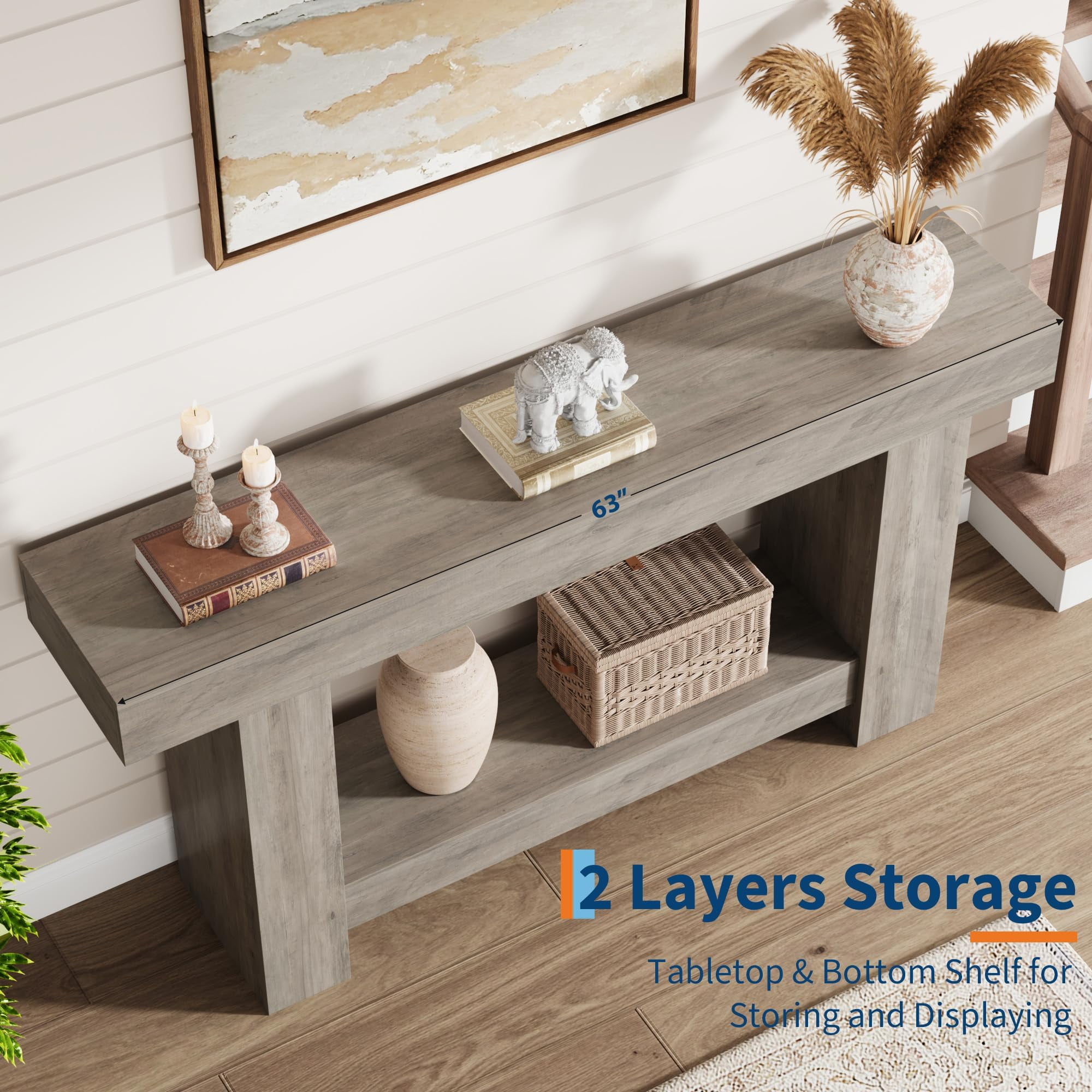 63'' Long Console Table, 2-Tier Narrow Entryway Table Sofa Table with Storage, Farmhouse Wood Behind Couch Table for Living Room, Hallway, Gray