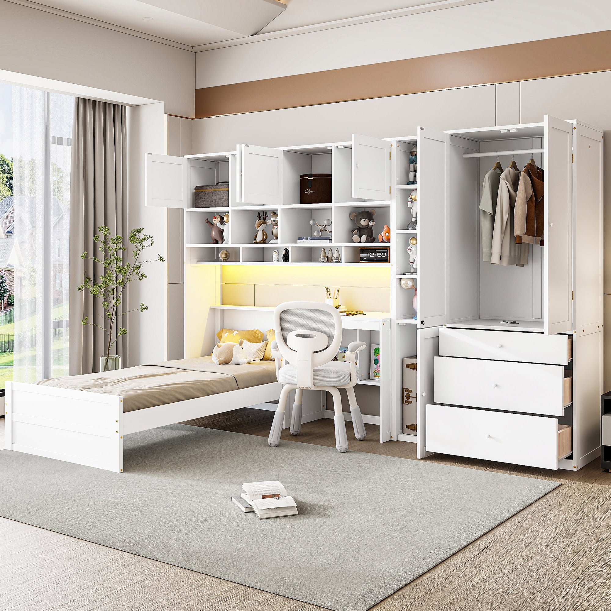 Mintazer Twin Platform Bed with Desk & Wardrobe, Wooden Bed with Cabinets & Shelves Storage and 3 Drawers for Bedroom Playroom Guest Room, White
