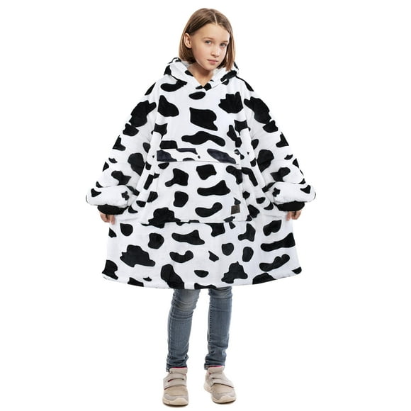 Catalonia Cow Print Kid's Oversized Wearable Blanket Hoodie Sweatshirt, Comfortable Sherpa Pullover for 7-16 yr Teens Youth, Cow Gift for Cow Lovers