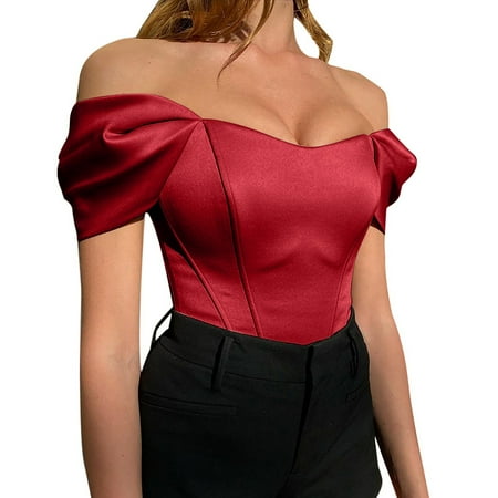 

Women s Satin One Shoulder Corseted Bustier Undershirt Top Workout Tops for Women Red L