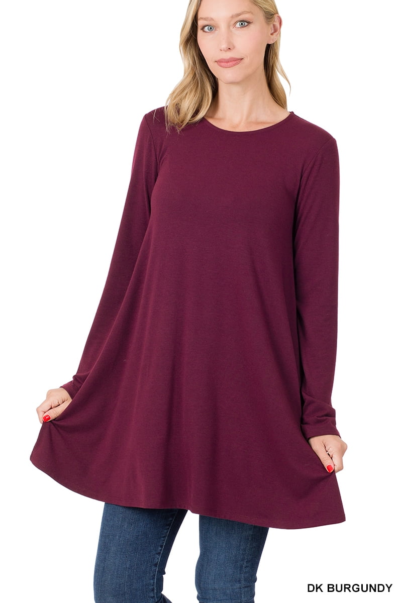 Zenana Women & Plus Long Sleeve Jersey Flared Tunic Top with Side