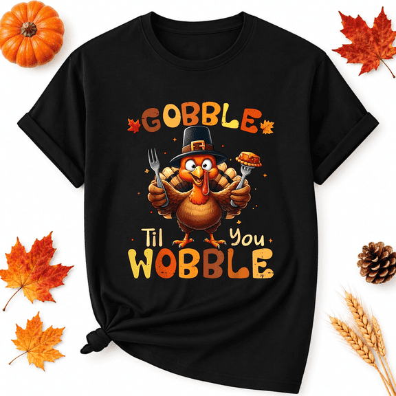 KeHetSoft Thanksgiving Gobble Wobble Turkey Cotton Graphic Unisex T-Shirt