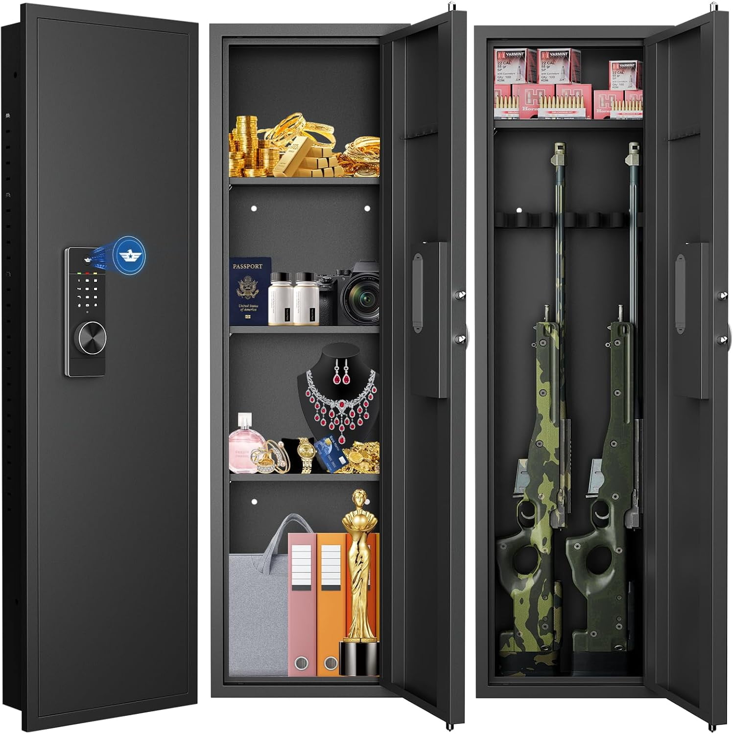 53.15" Tall Wall Safe Between the Studs 16" Centers, Hidden Wall Safes With Removable shelfs and Adjustable Gun Rack, Digital Keypad Wall Gun Safe for Home Rifle, Cash, Jewelry, Documents - Black