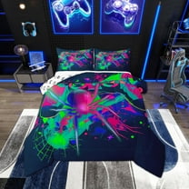 Gaming King Size Comforter Set - Gamer Comforter Boys Bedding Sets, Gothic Spiderwebs Halloween Decorations Blue Green Purple Gamer Room Decor for Boys