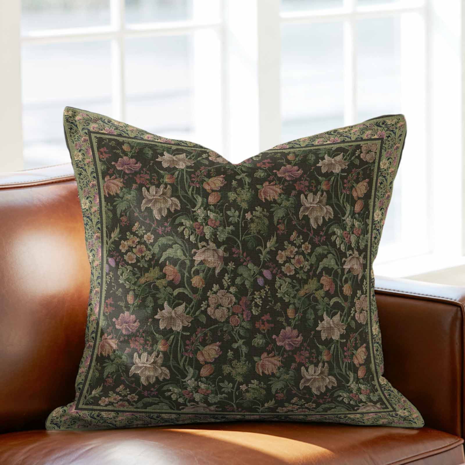 Throw Pillow Covers, Sage Green Floral Boho 26x26 Pillow Covers for Couch/Sofa/Bed, Ethnic Tribe Abstract Art Flower Decorative Square Linen Cushion Pillowcase for Home Decor