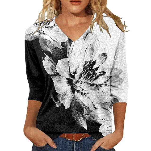 WZXFASHION Hauts pour Femmes Manches 3/4 Été Col en V Tunique Décontractée 2025 Liquidation T-shirt Manches Longues pour Femmes