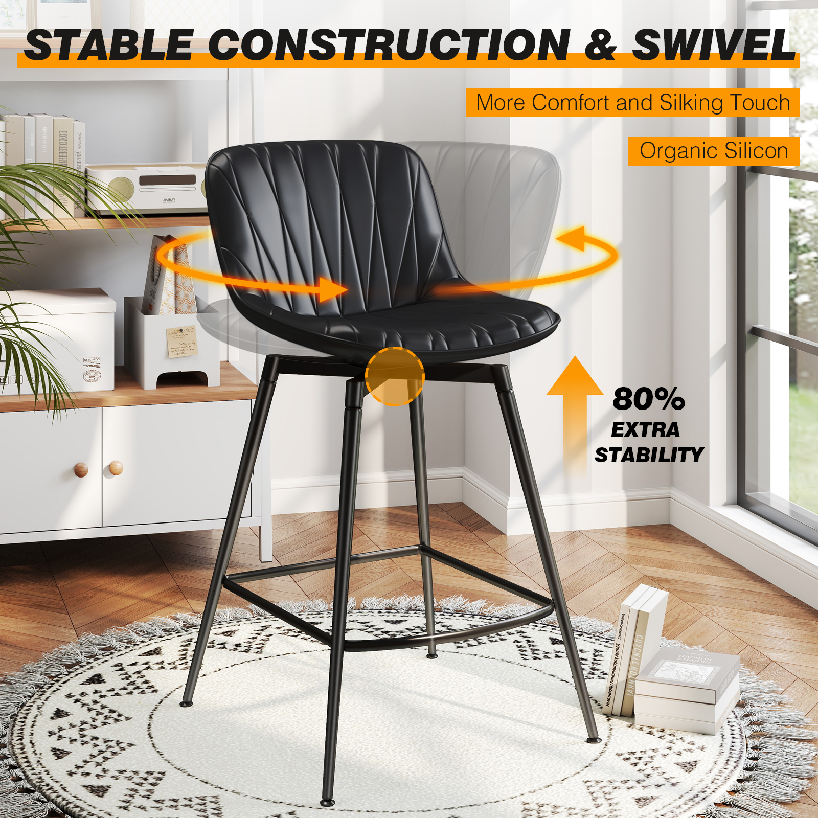 Modern 30" Swivel Bar Stools Set of 2 with Back & Footrest, Upholstered Counter Height Bar Chairs for Kitchen Island, PU Leather in Black