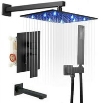 Zovajonia Matte Black Shower System 12 Inches Shower Faucet Set, LED Rain Shower Head with Handheld Spray Bathroom Wall Mount Shower Fixtures with Tub Spout